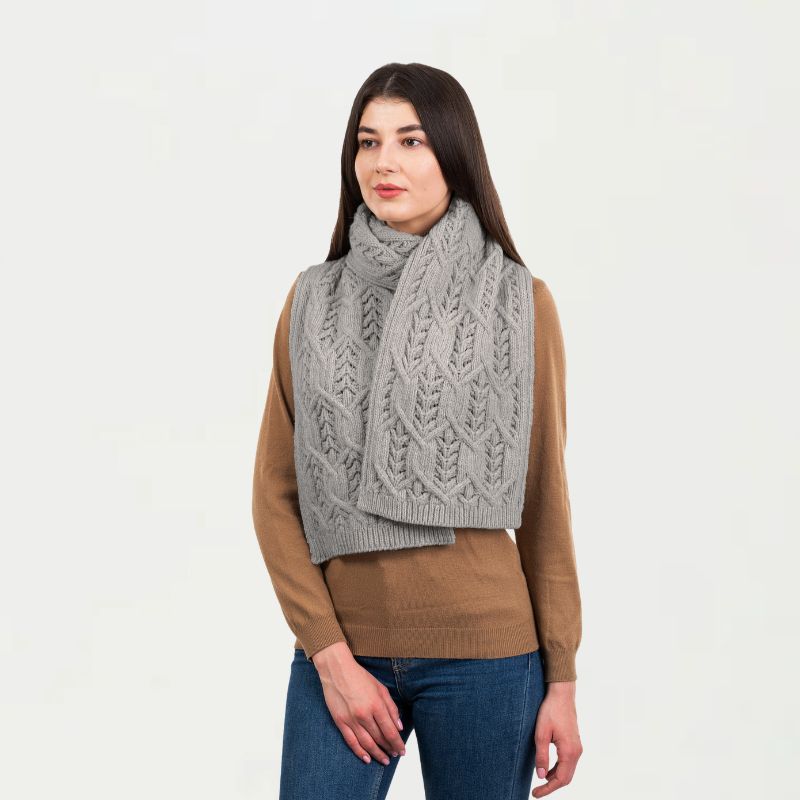 Aran Leaf Merino Wool Scarf Grey Creative Irish Gifts
