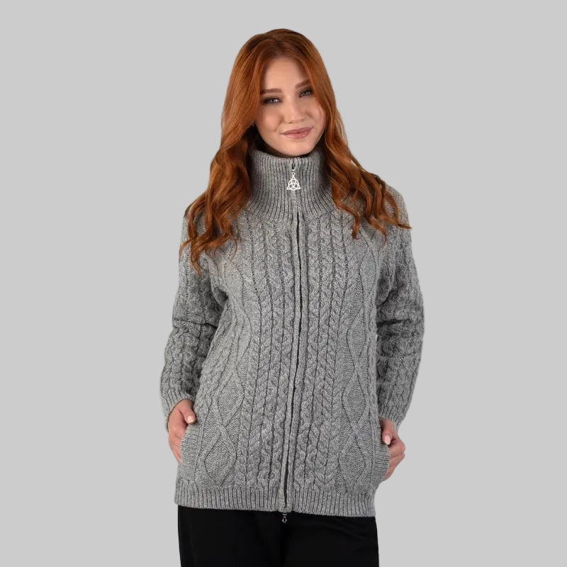 Women's Merino Zip Up Turtleneck Aran Jacket, Grey Creative Irish Gifts
