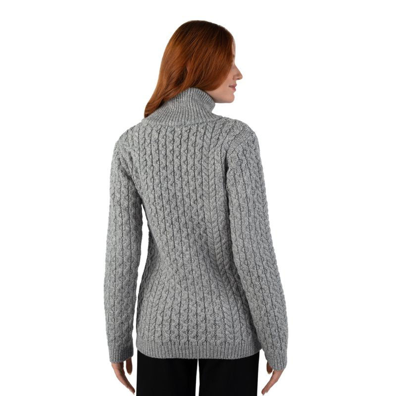 Women's Merino Zip Up Turtleneck Aran Jacket, Grey Back View Creative Irish Gifts