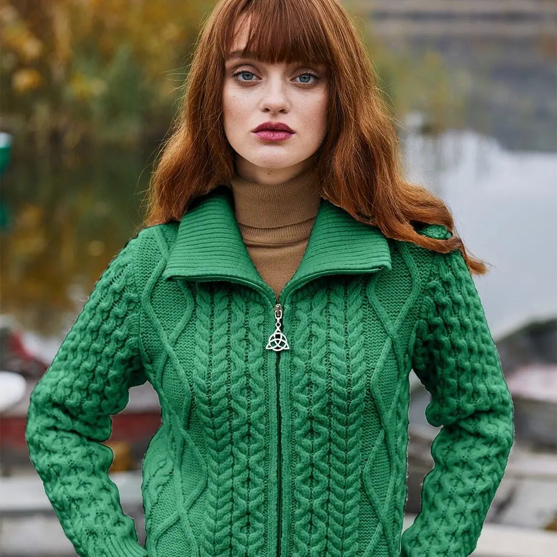 ML174-105 Women's Merino Zip Up Turtleneck Aran Jacket, Green Creative Irish Gifts