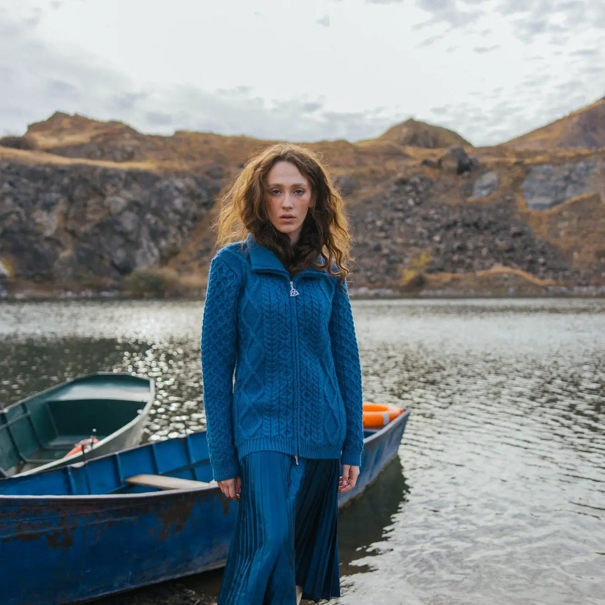 ML174-107 Women's Merino Zip Up Turtleneck Aran Jacket, Teal Creative Irish Gifts