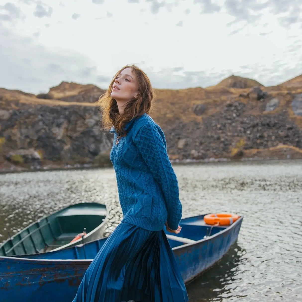 ML174-107 Women's Merino Zip Up Turtleneck Aran Jacket, Teal Creative Irish Gifts