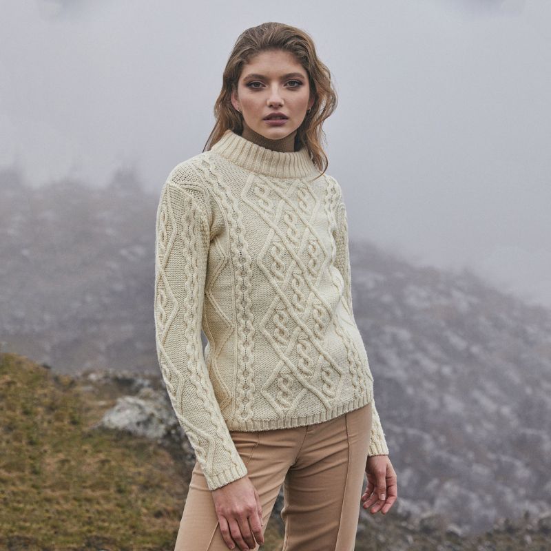 Women's Aran Cable Knit Sweater, White Lifestyle Creative Irish Gifts