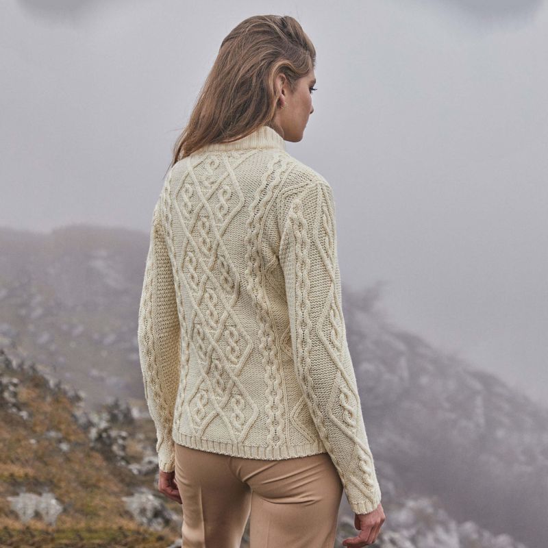 Women's Aran Cable Knit Sweater, White Lifestyle Creative Irish Gifts