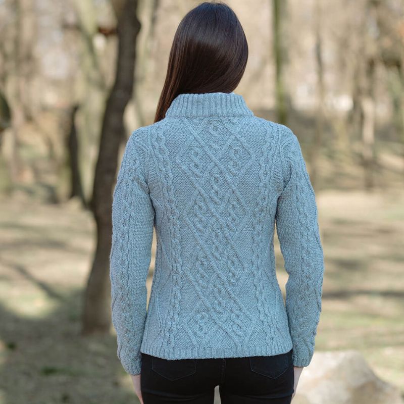 Women's Aran Cable Knit Sweater, Grey Back View Creative Irish Gifts