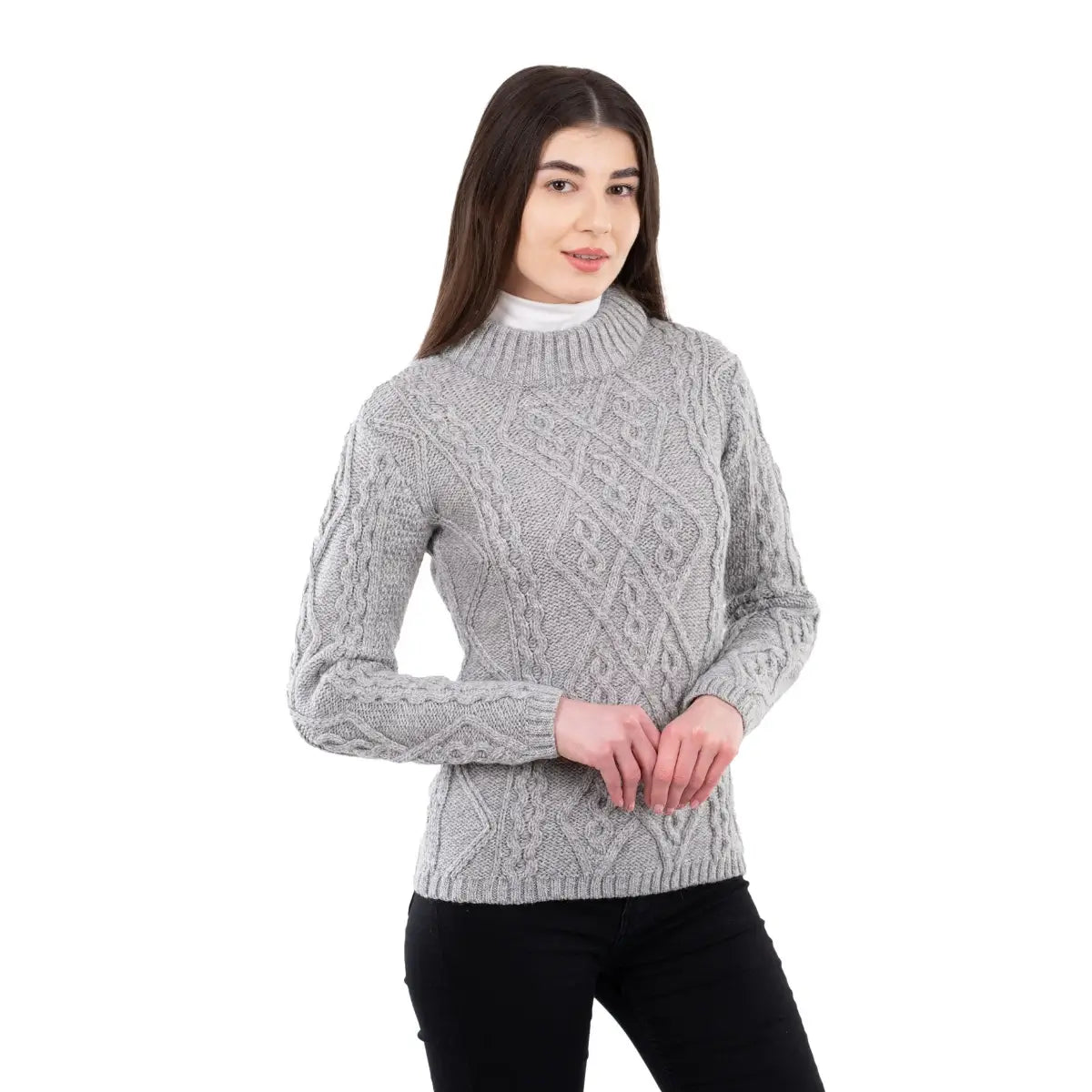ML905-103 Women's Diamond Knit Aran Sweater, Grey Creative Irish Gifts