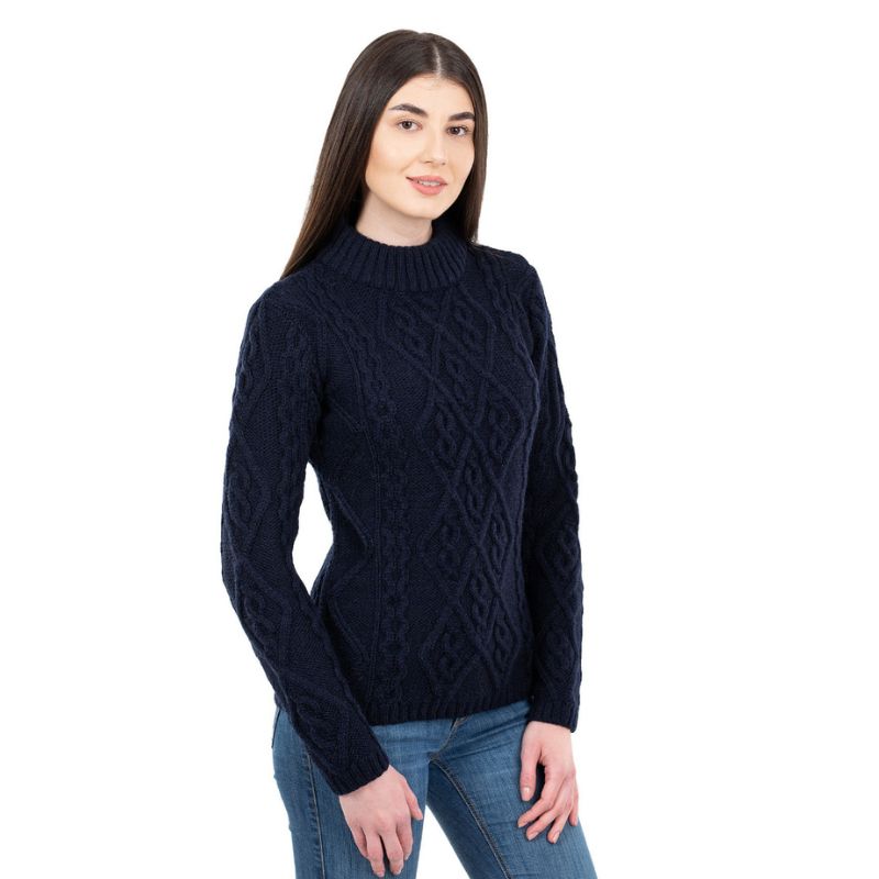 Women's Aran Cable Knit Sweater, Navy side Creative Irish Gifts