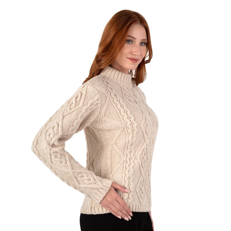 Women's Aran Cable Knit Sweater, Parsnip side view Creative Irish Gifts