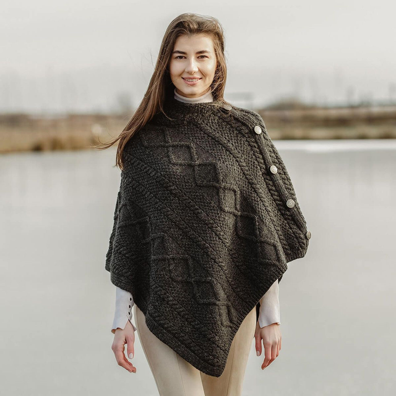Aran Cowl Neck Poncho with Side Buttons | 100% Merino Wool