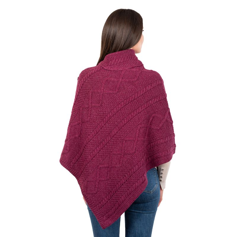 Aran Cowl Neck Poncho with Side Buttons Red Back View Creative Irish Gift