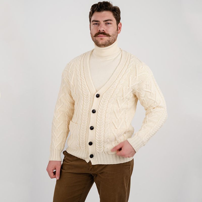Men's V-Neck Cable Cardigan, White Studio Creative Irish Gifts