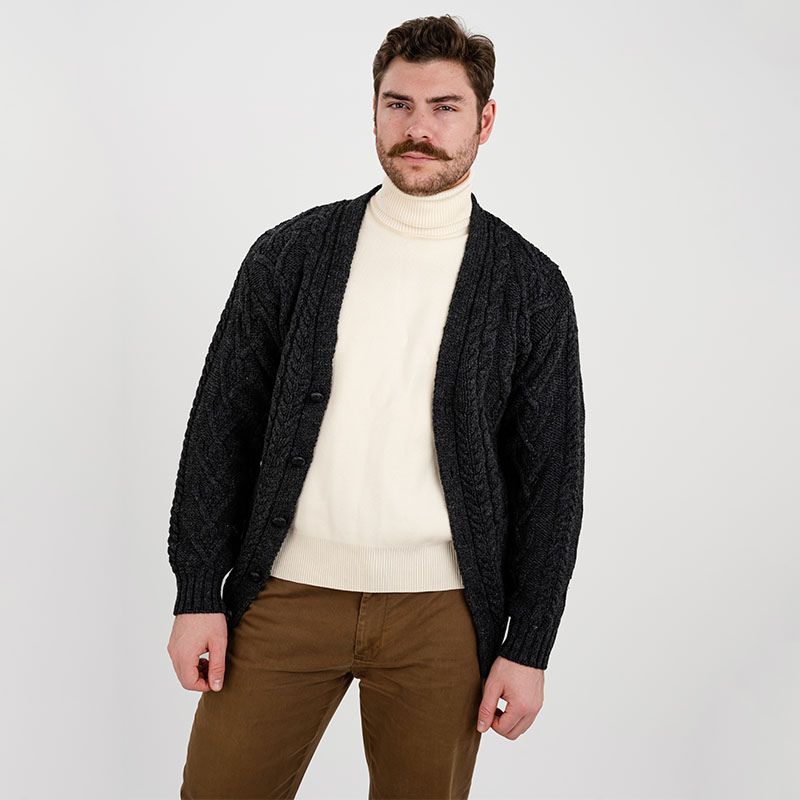 Men's V-Neck Cable Cardigan, Charcoal Creative Irish Gifts