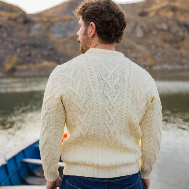 Merino Wool Aran Crew Neck Fisherman Sweater