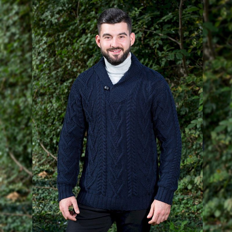 Men's Irish Shawl Collar Single Button Sweater Navy Lifestyle Creative Irish Gifts