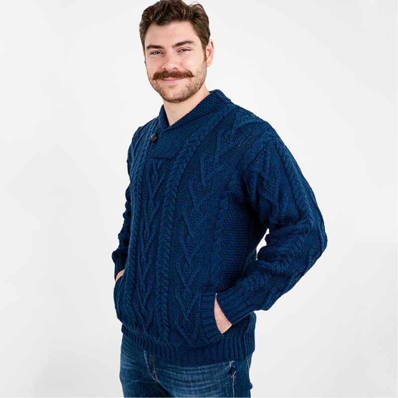 Men's Irish Shawl Collar Single Button Sweater Blue Side View Creative Irish Gifts
