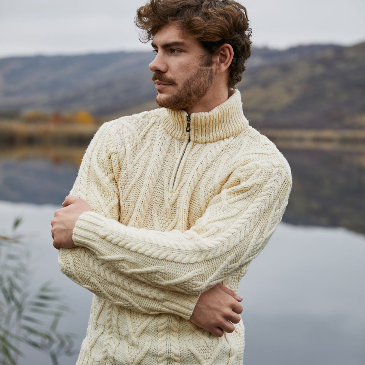 Men's Zip Neck Fisherman Sweater, Natural - Creative Irish Gifts