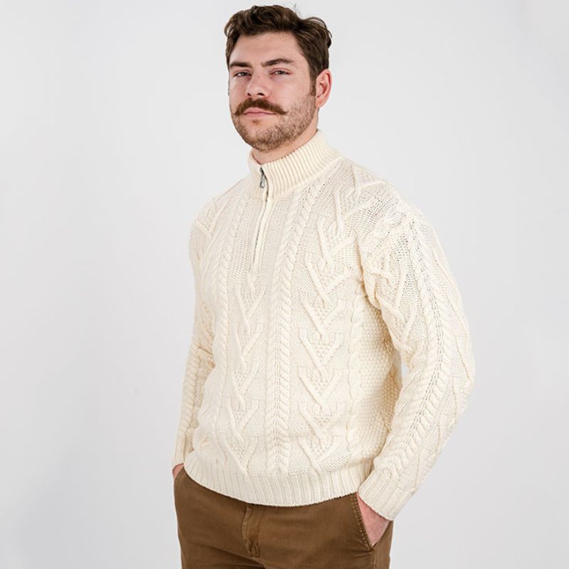 Men's Zip Neck Aran Fisherman Sweater, White Side View Creative Irish Gifts