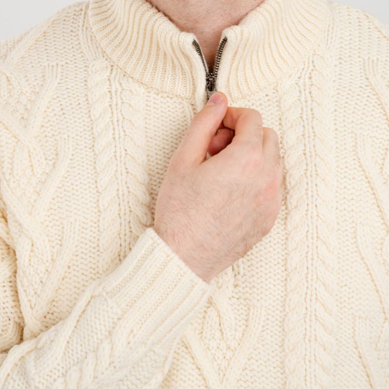 Men's Zip Neck Aran Fisherman Sweater, White Studio Creative Irish Gifts