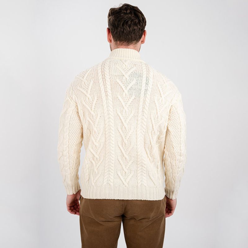 Men's Zip Neck Aran Fisherman Sweater, White Back View Creative Irish Gifts