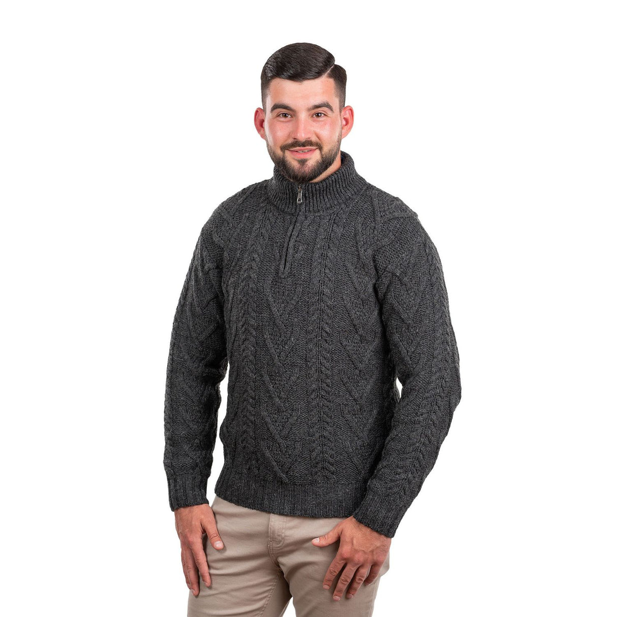 MM204-101 Men's Zip Neck Aran Fisherman Sweater, Charcoal Creative Irish Gifts Front View