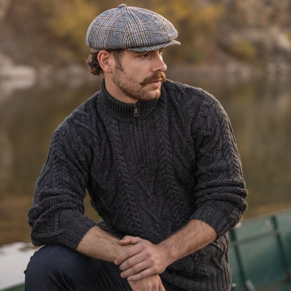 MM204-101 Men's Zip Neck Aran Fisherman Sweater, Charcoal Creative Irish Gifts