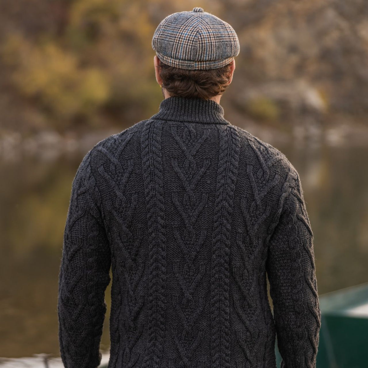 MM204-101 Men's Zip Neck Aran Fisherman Sweater, Charcoal Creative Irish Gifts Back View