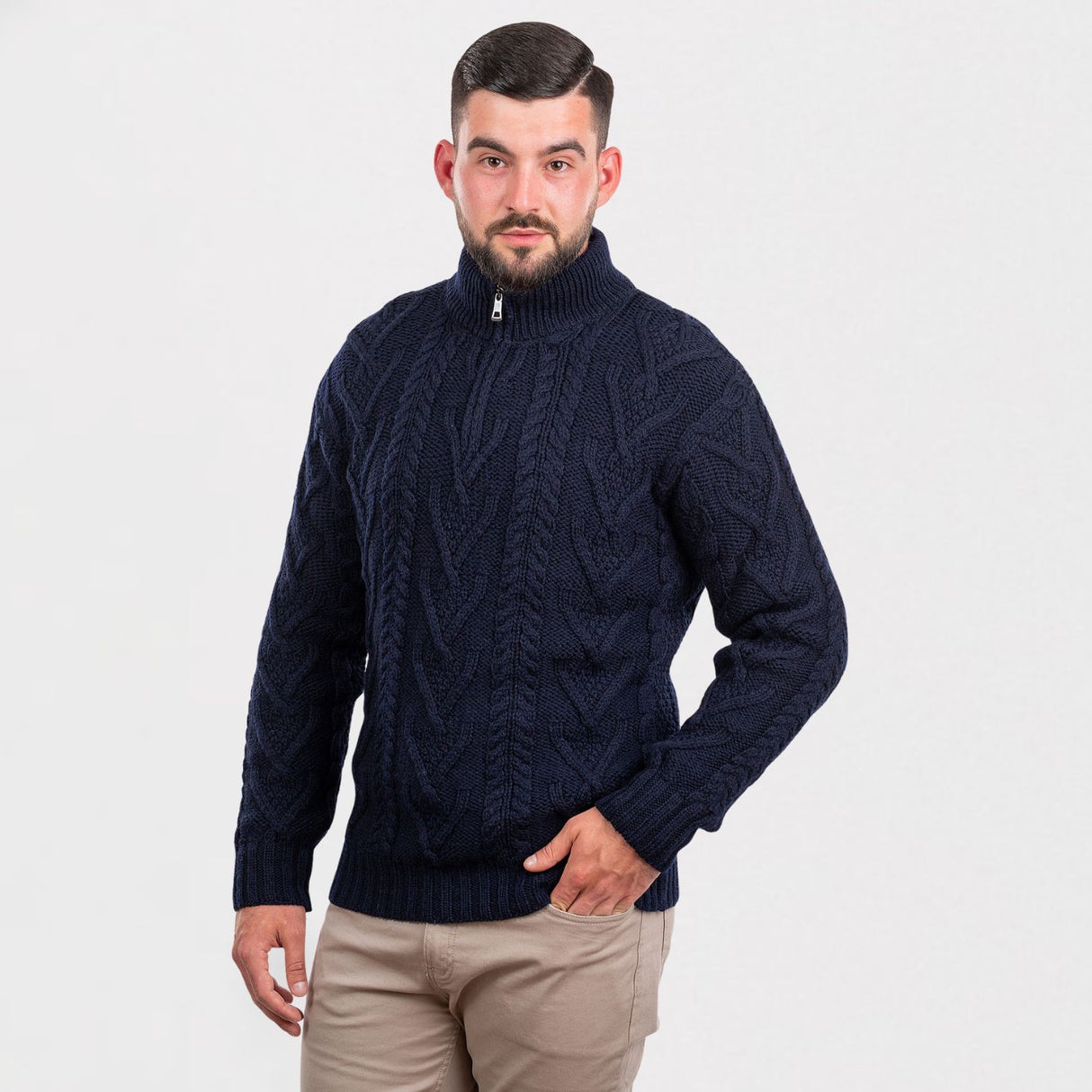 CG612-BLUMD Men's Merino Wool Aran Turtleneck Sweater, Blue Studio Creative Irish Gifts.com
