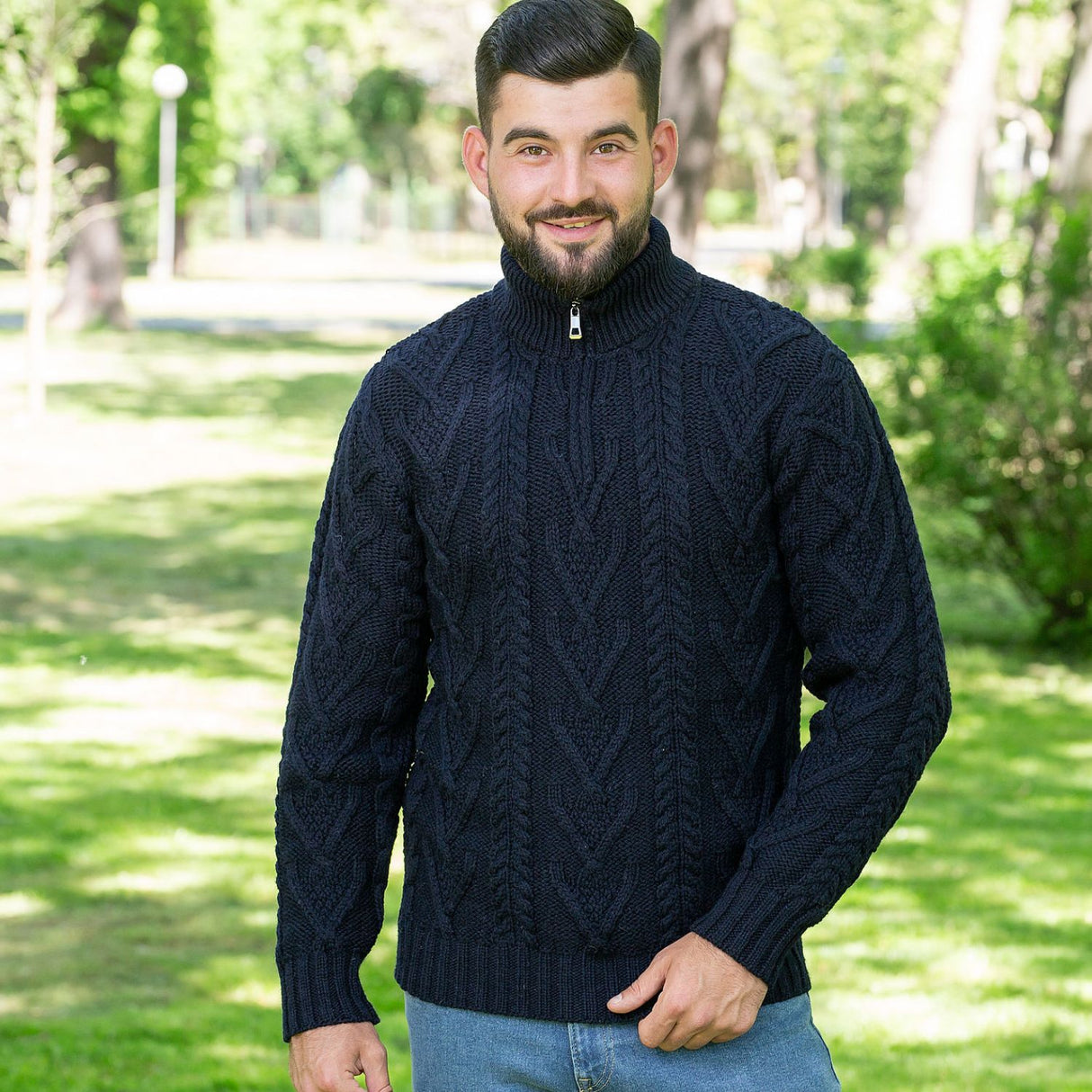 CG612-BLUMD Men's Merino Wool Aran Turtleneck Sweater, Blue Lifestyle Creative Irish Gifts.com