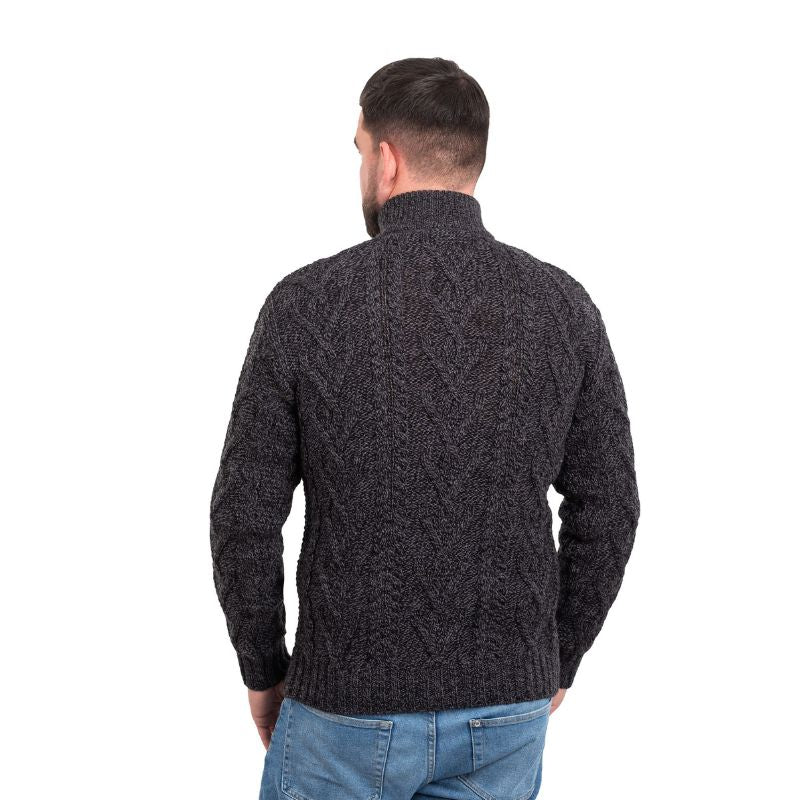 Men's Zip Neck Aran Fisherman Sweater, Anthracite Back View Creative Irish Gifts