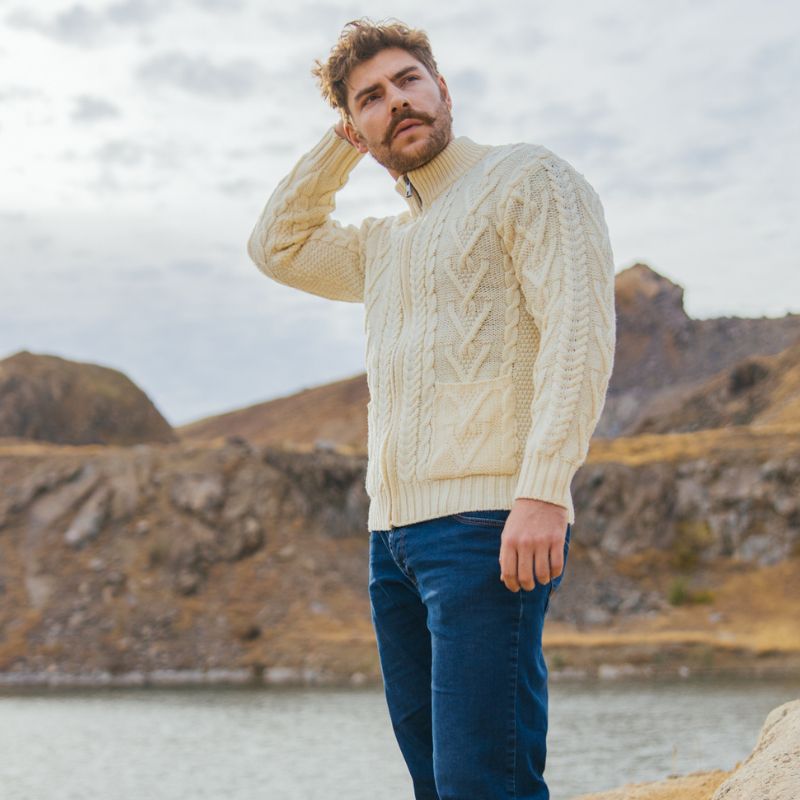 Men's Zipper Knit Cardigan,White Lifestyle Side View Creative Irish Gifts