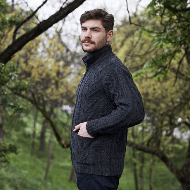 Men's Zipper Knit Cardigan,Charcoal Side View Lifestyle Creative Irish Gifts