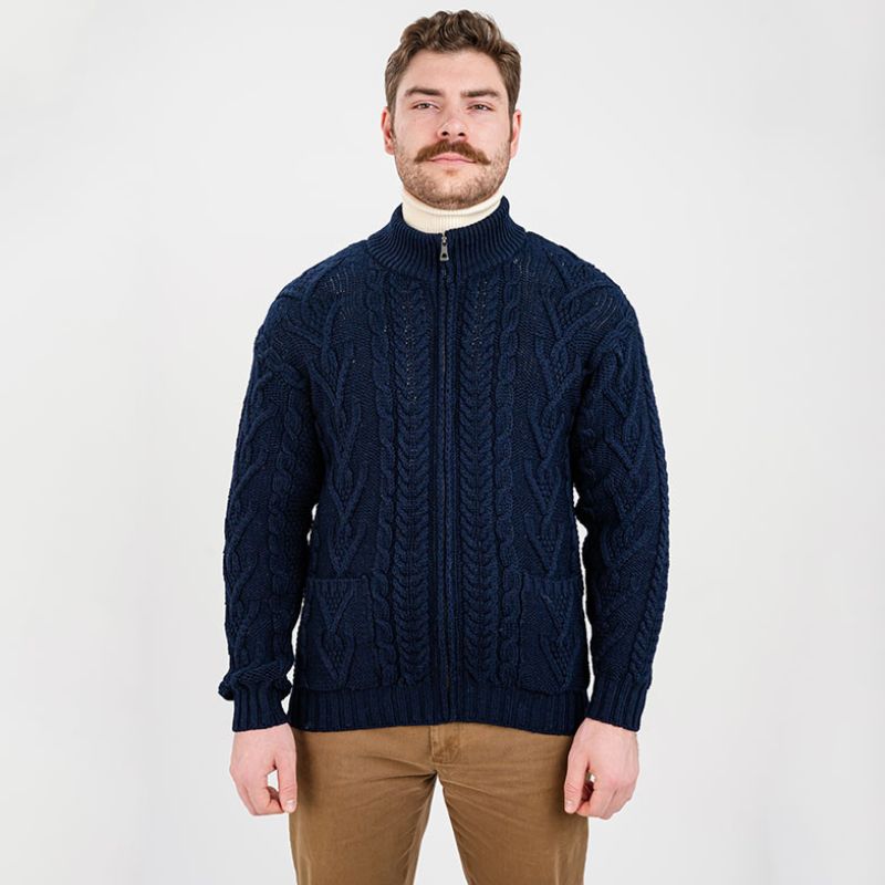 Men's Zipper Knit Cardigan,Navy Front View Creative Irish Gifts