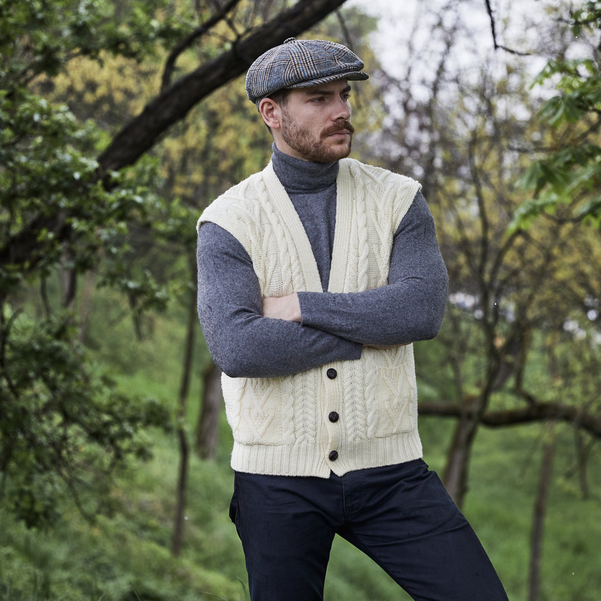 MM207-100 Men's Merino Wool Aran Knit Vest, Natural Creative Irish Gifts