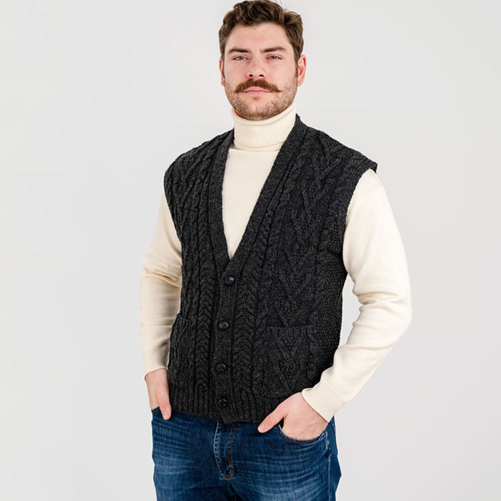 Merino Wool Cable Knit Irish Sweater Vest Charcoal Creative Irish Gift