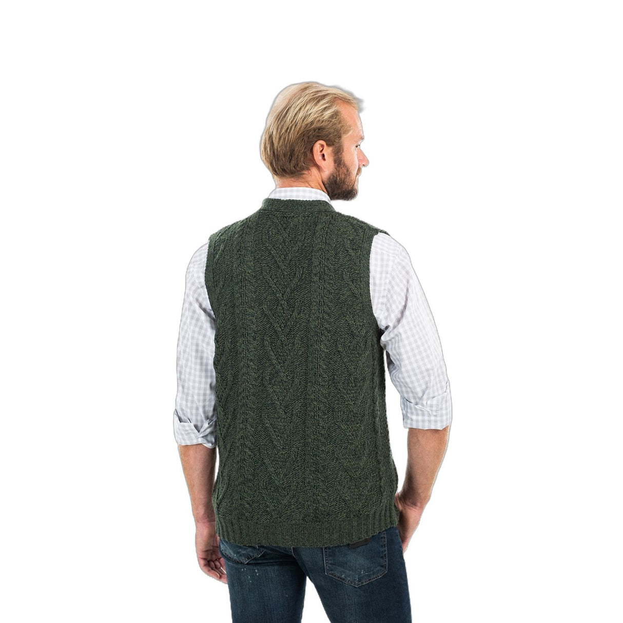 MM207-102 Men's Merino Wool Aran Knit Vest, Army Green Creative Irish Gifts Back View