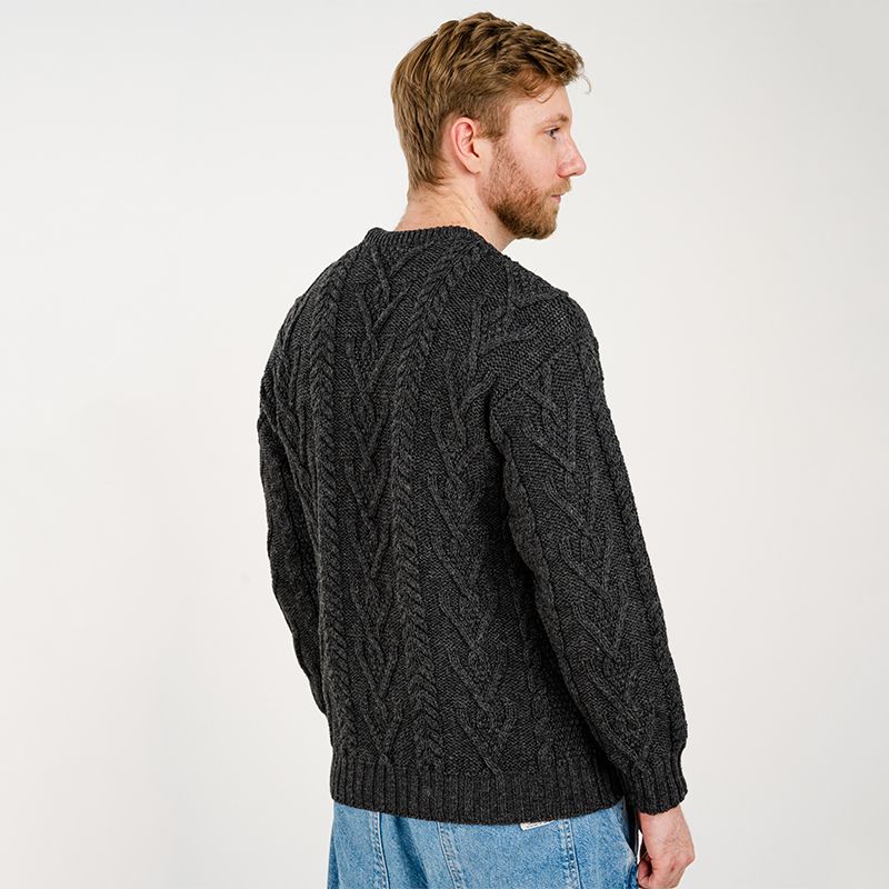 Men's Merino Aran Sweater, Charcoal Back View Creative Irish Gifts
