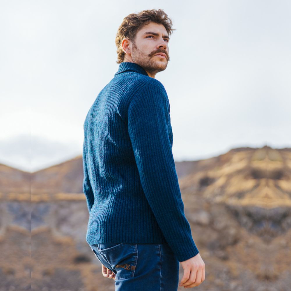 Men's Merino Shawl Collar Fisherman Sweater Navy Back View Creative Irish Gift