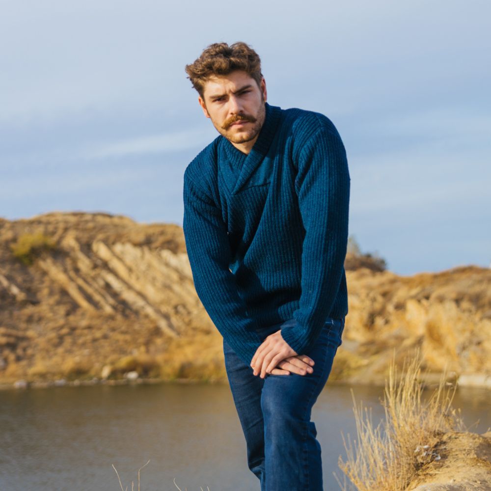 Men's Merino Shawl Collar Fisherman Sweater Navy Creative Irish Gift