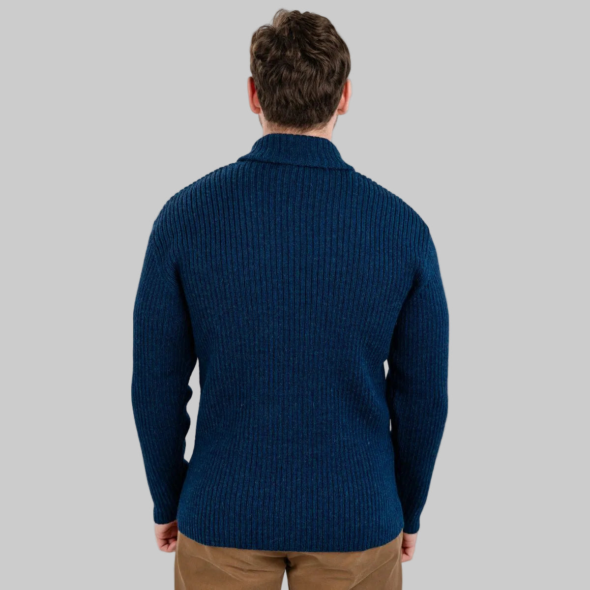 Men's Merino Shawl Collar Fisherman Sweater Navy Back View Creative Irish Gift