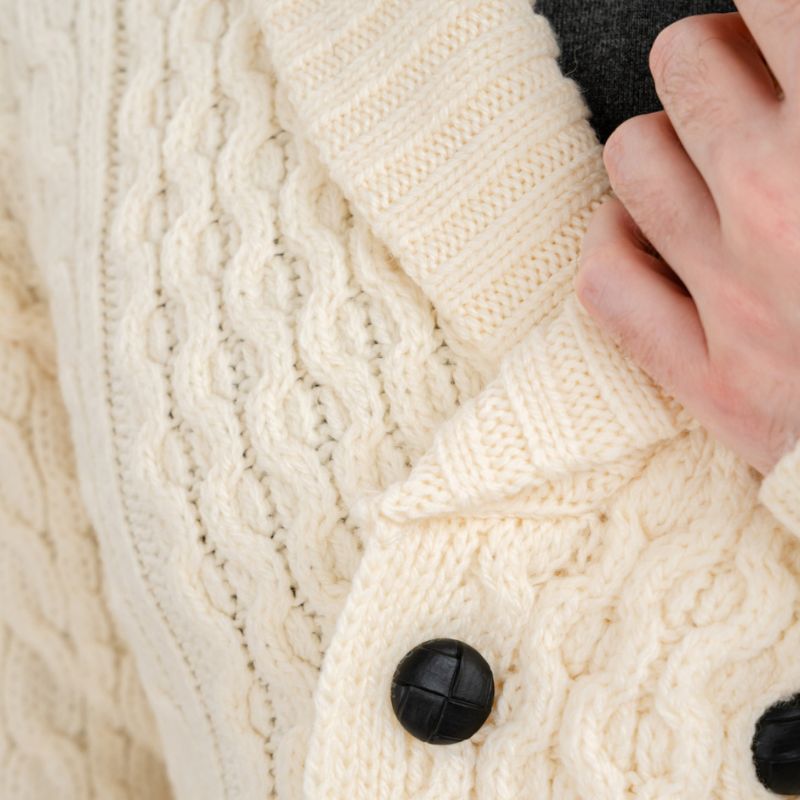 MM225-101 Men's Aran Wool Cardigan with Shawl Collar White studio Creative Irish Gifts