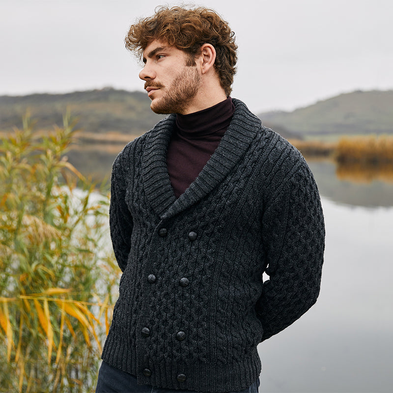 MM225-101 Men's Aran Wool Cardigan with Shawl Collar Creative Irish Gifts