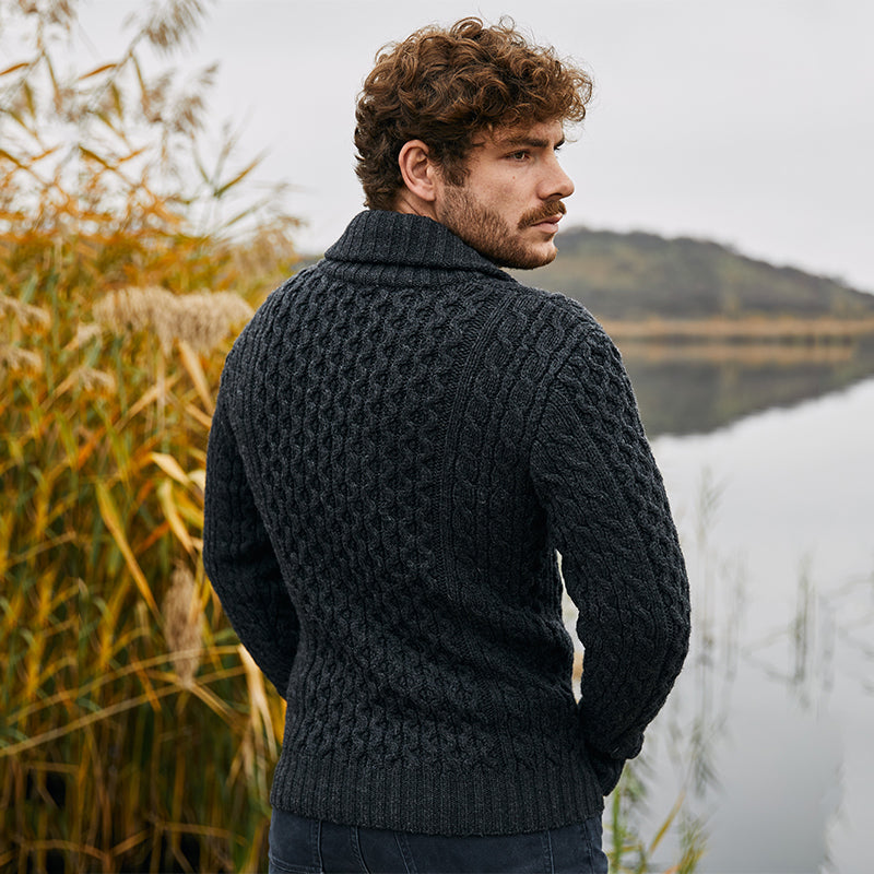 MM225-101 Men's Aran Wool Cardigan with Shawl Collar Creative Irish Gifts Back View