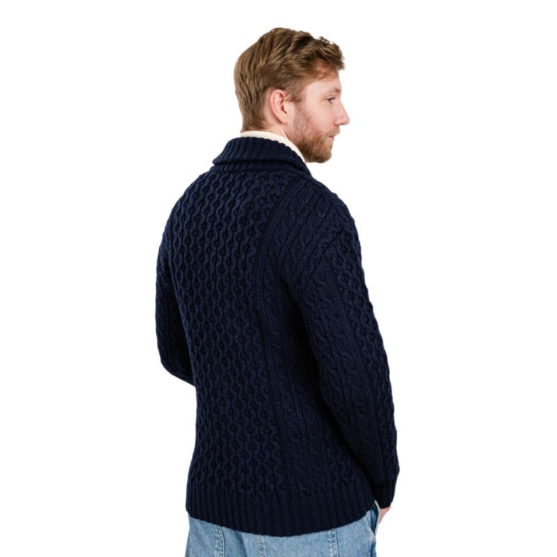 MM225-101 Men's Aran Wool Cardigan with Shawl Collar Navy Back View Creative Irish Gifts