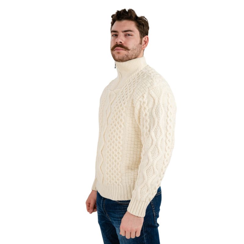 Men's Shawl Collar Fisherman Sweater, White Side View Creative Irish Gifts