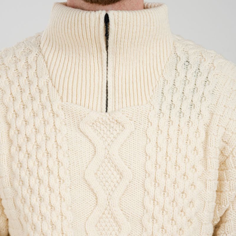 Men's Shawl Collar Fisherman Sweater, White Front View Creative Irish Gifts