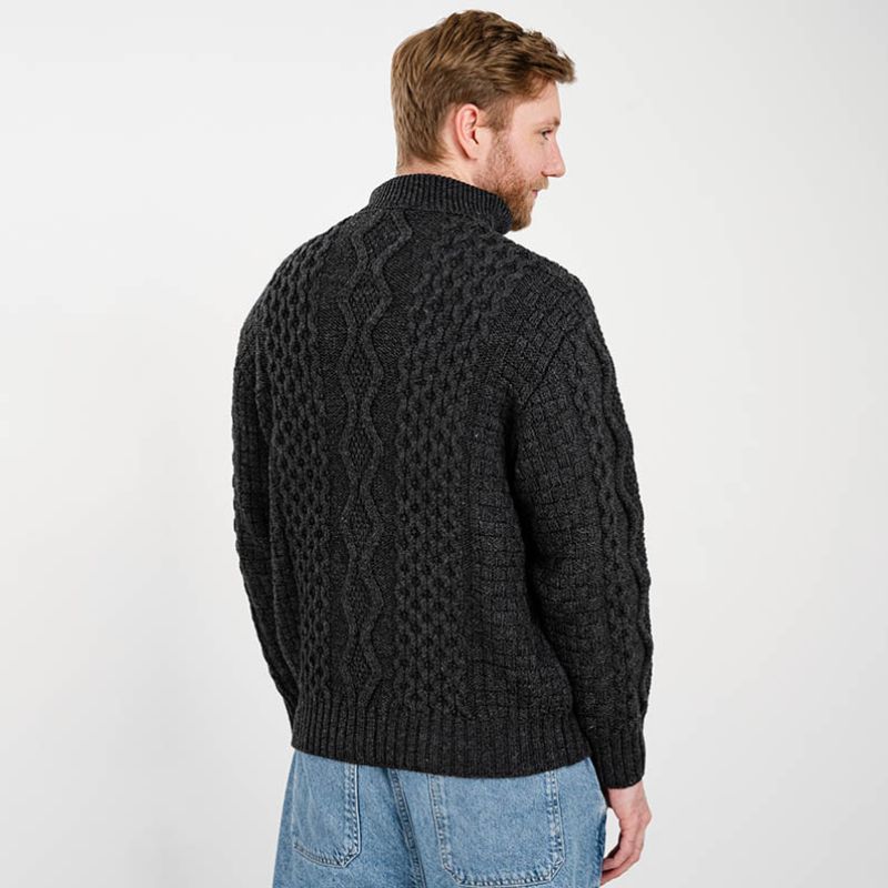Men's Shawl Collar Fisherman Sweater, Charcoal Back View Creative Irish Gifts