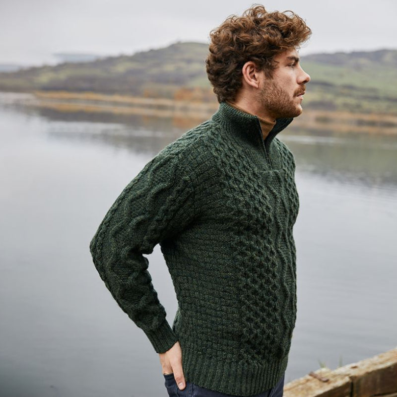 Men's Shawl Collar Fisherman Sweater, Green Lifestyle Creative Irish Gifts