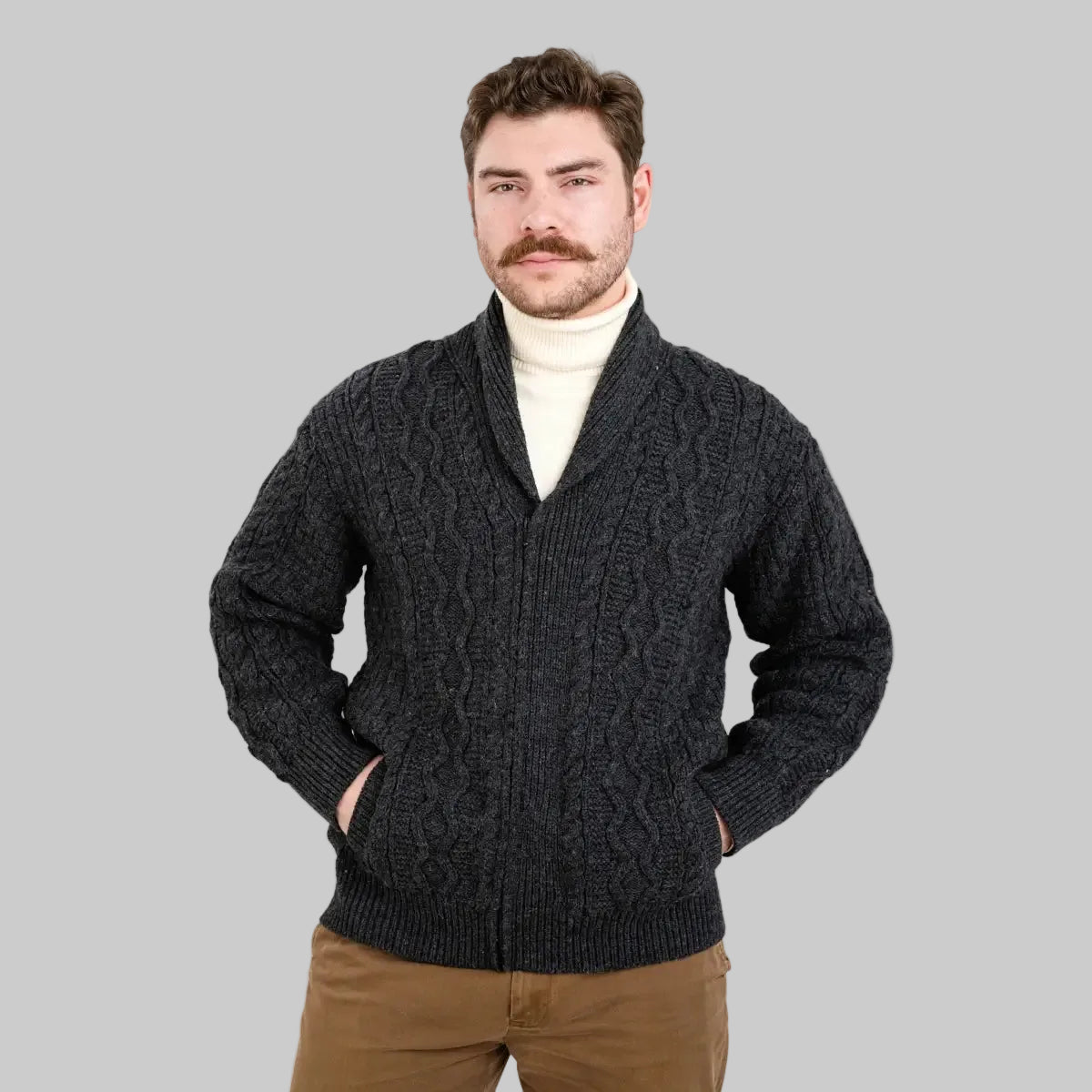MM903-101 Men's Aran Cable Shawl Neck Zip Cardigan Gray Lifetyle-Creative Irish gift