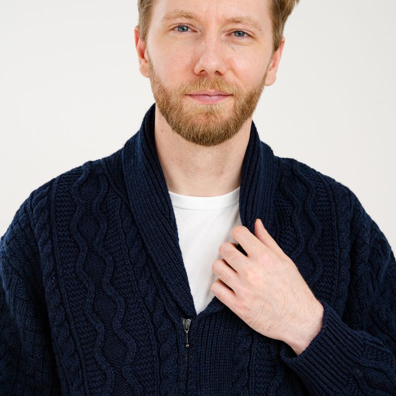 Men's Aran Cable Shawl Neck Zip Cardigan, Navy Front Creative Irish Gift