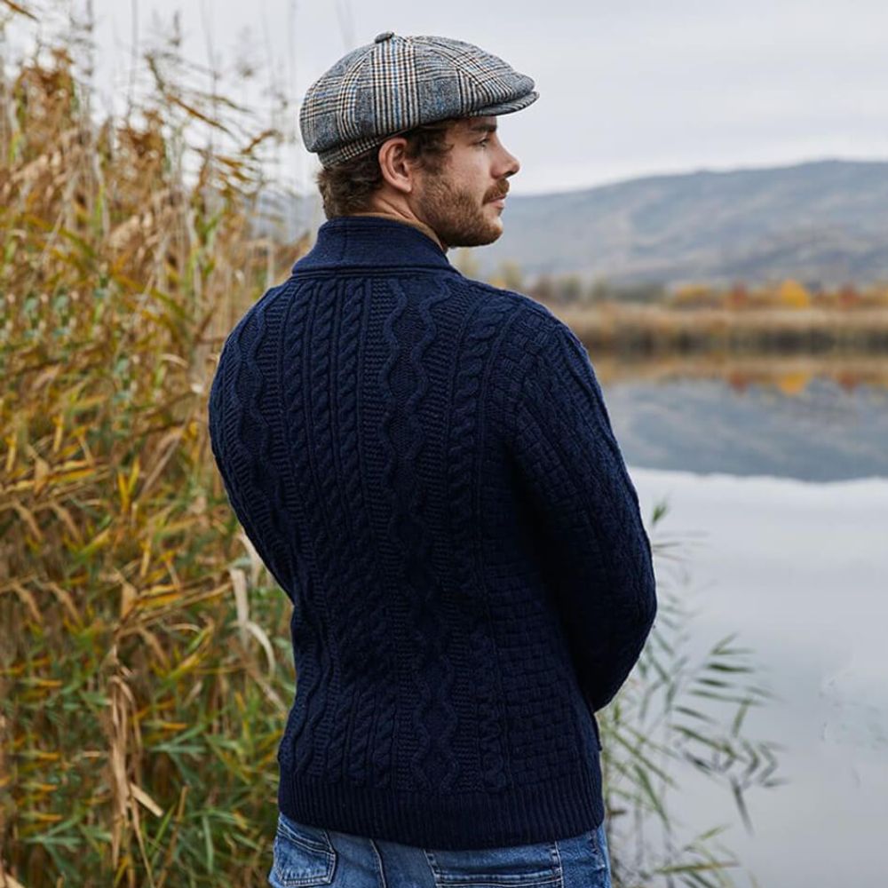 Men's Aran Cable Shawl Neck Zip Cardigan, Navy Lifestyle Back View Creative Irish Gift